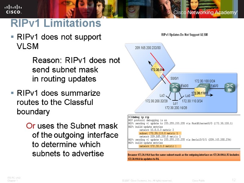 RIPv1 Limitations RIPv1 does not support VLSM   Reason: RIPv1 does not 